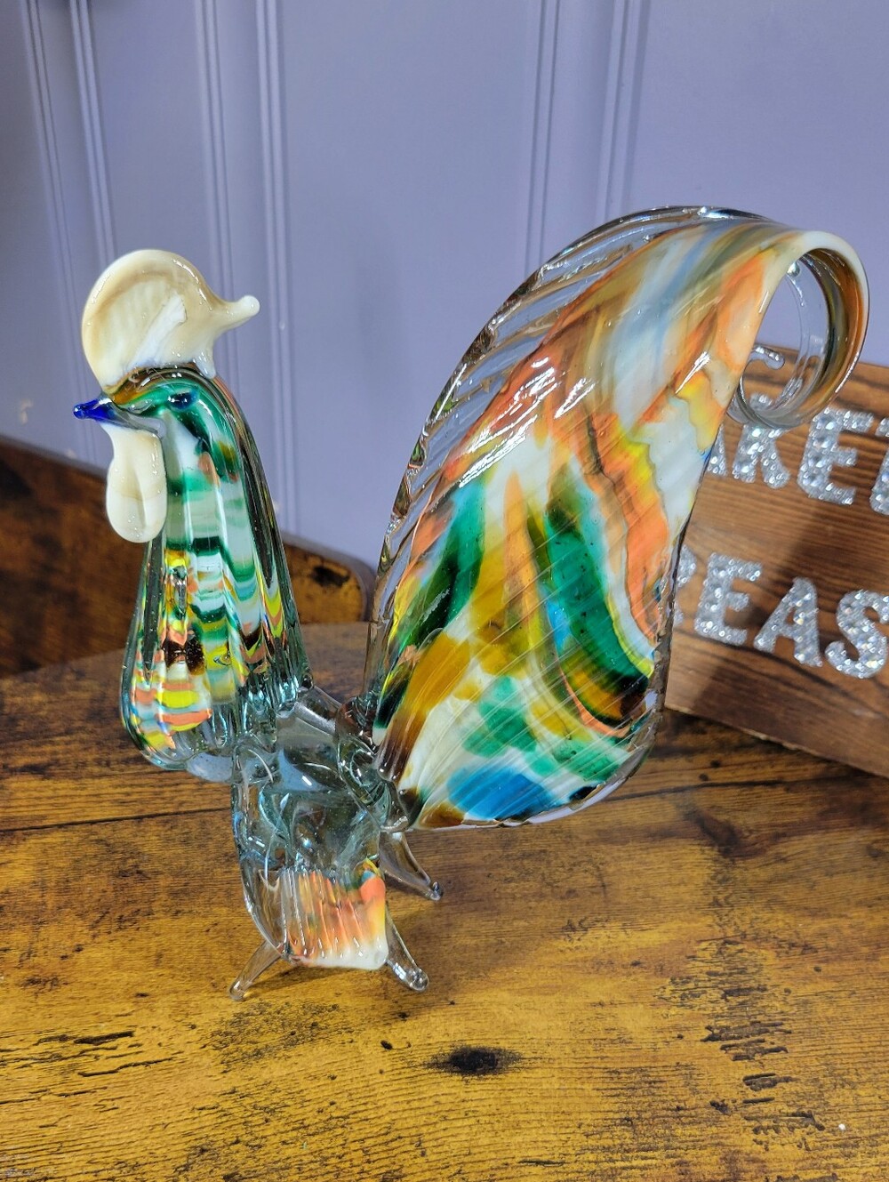 Vintage Murano Style Handblown Multicolor Glass Rooster Sculpture - Home Art